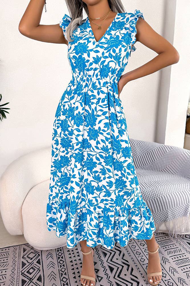 V Neck Flutter Sleeves Maxi Floral Dress