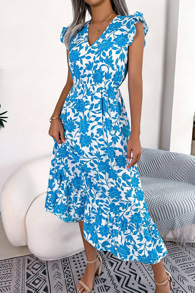 V Neck Flutter Sleeves Maxi Floral Dress