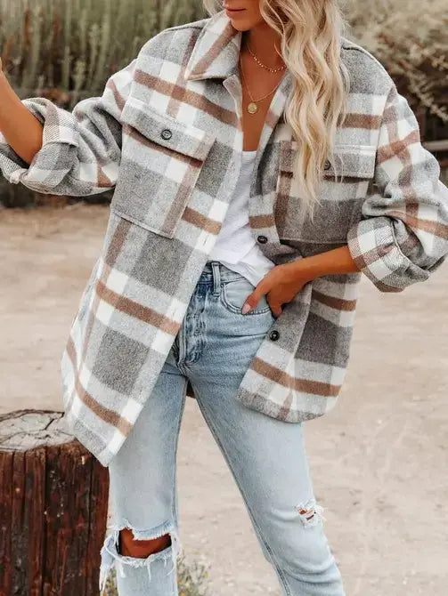 Green Plaid Button Flannel Shirt Jacket