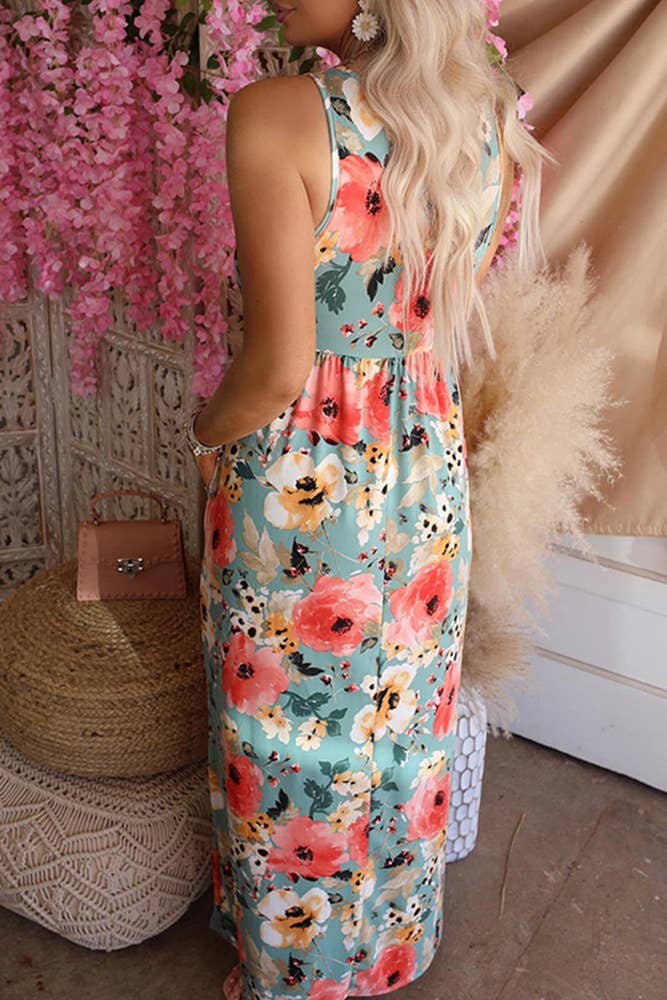 Sleeveless Ruffle Floral Print Maxi Dress