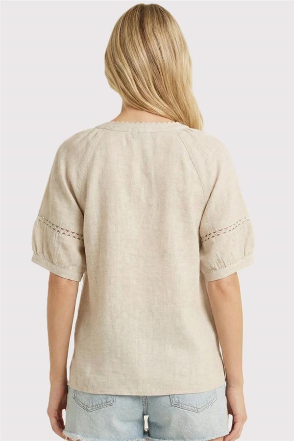 Ricrac trimmed V-neck Half Sleeve Linen Gauze Top