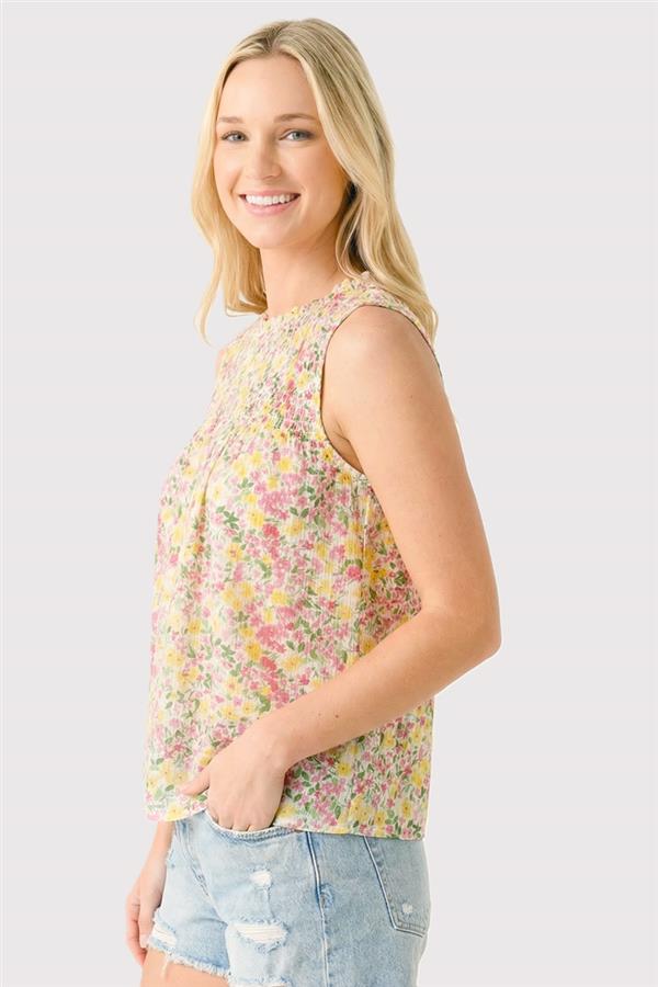 Frilled Elastic Neck Sleeveless Floral Top