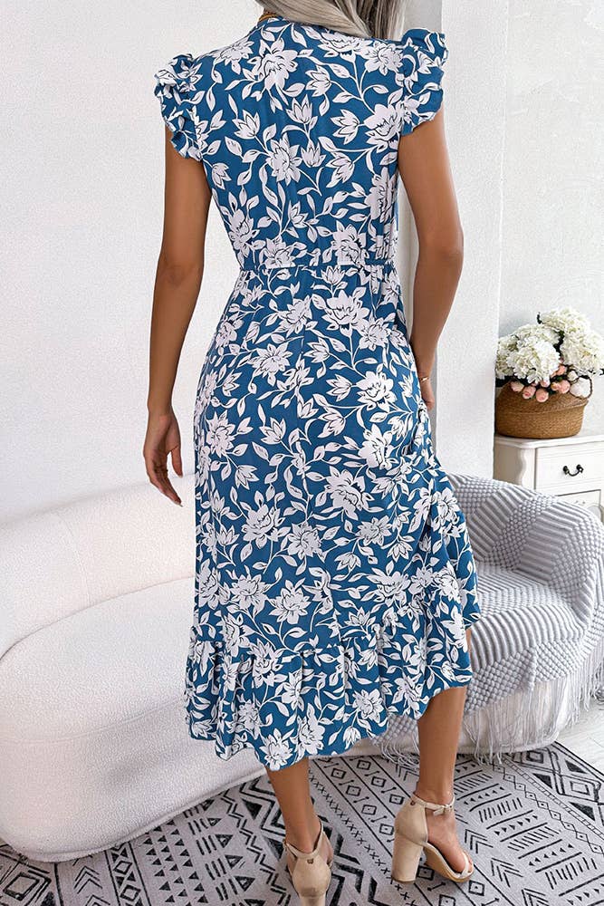 V Neck Flutter Sleeves Maxi Floral Dress