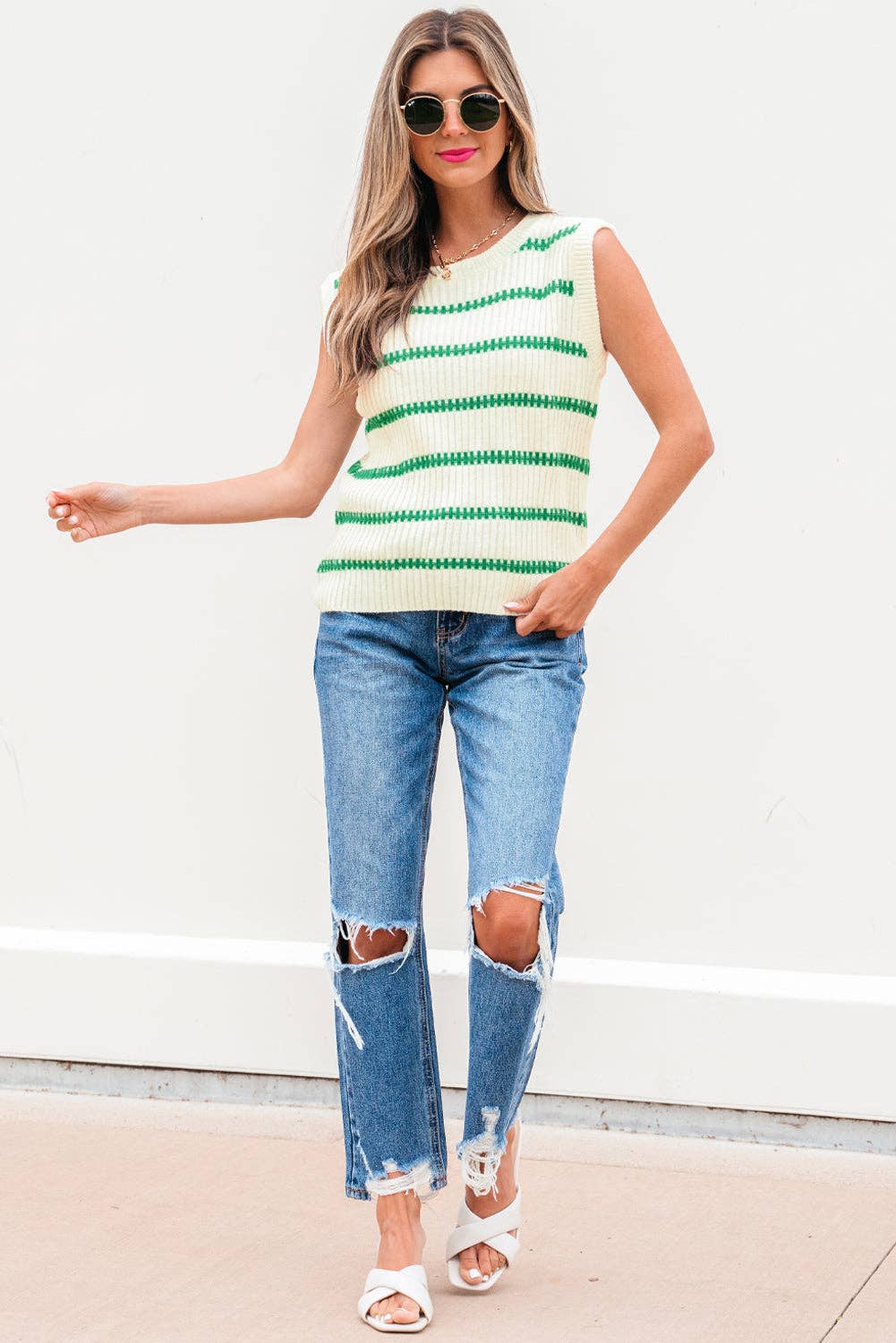 Ivey Striped Round Neck Casual Sweater Vest