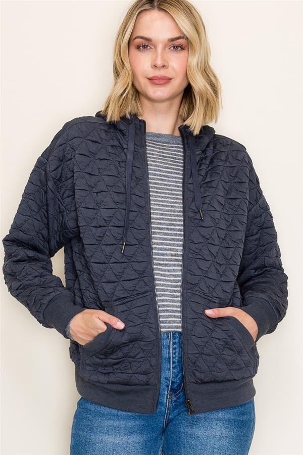 Quilted Knit Zip-Up Hoodie Jacket with Pockets