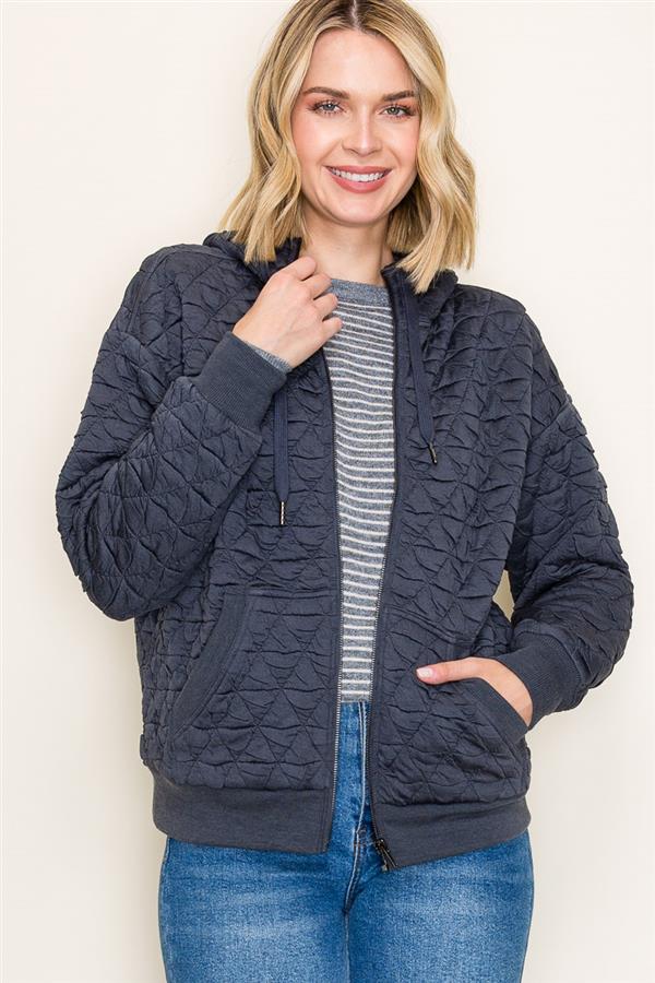 Quilted Knit Zip-Up Hoodie Jacket with Pockets