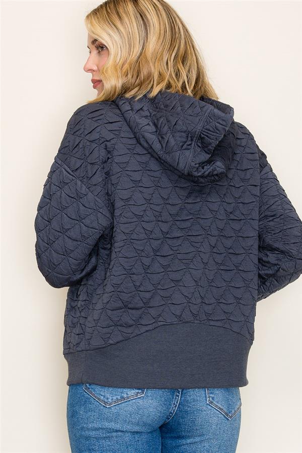 Quilted Knit Zip-Up Hoodie Jacket with Pockets