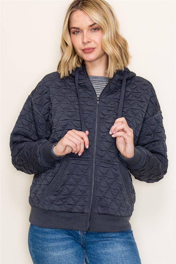 Quilted Knit Zip-Up Hoodie Jacket with Pockets