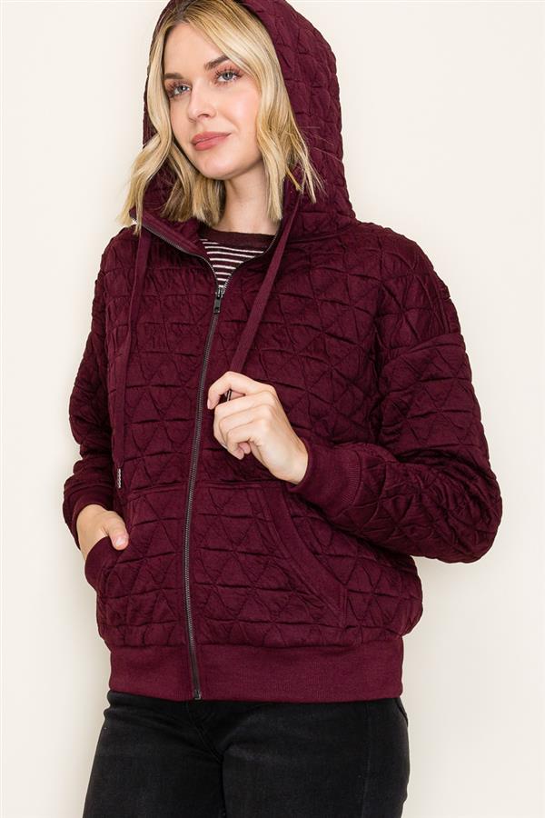 Quilted Knit Zip-Up Hoodie Jacket with Pockets