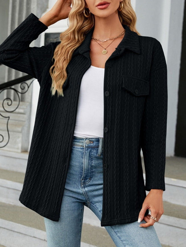 Jacquard Single-Breasted Long-Sleeved Shirt Jacket (black & wine)