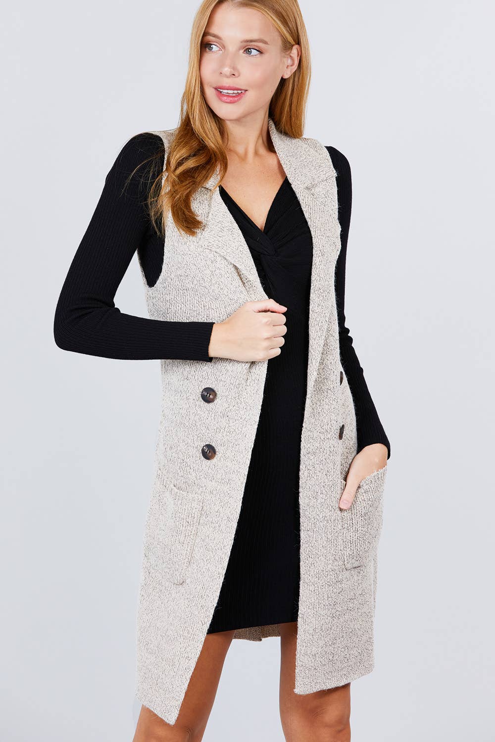 Sleeveless Notched Collar Long Sweater Vest