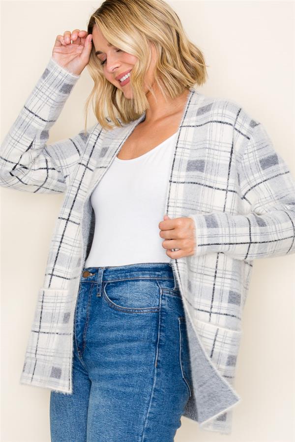 Long Sleeve Checkered Fuzzy Cardigan