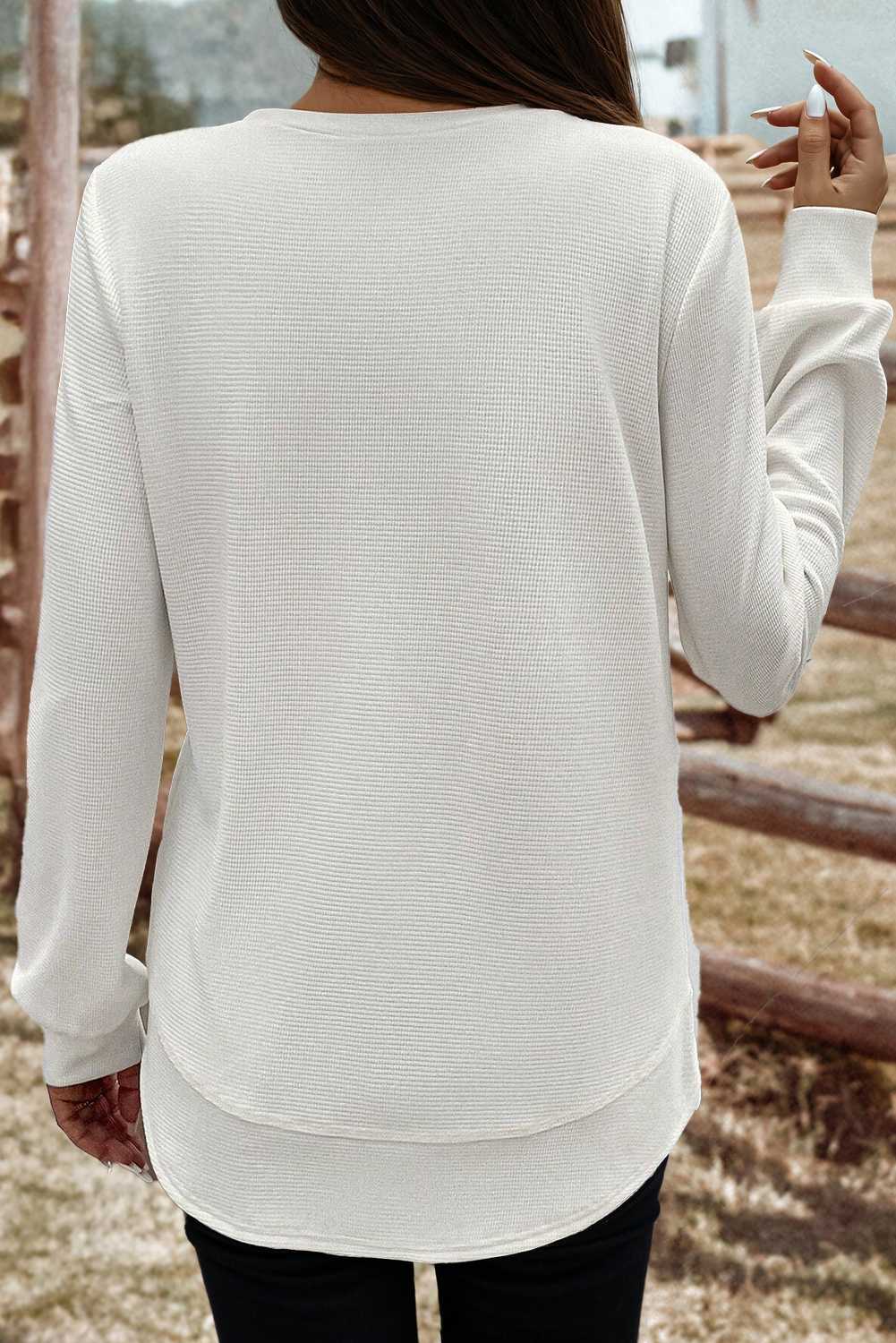 Rounded Hem Waffle Long Sleeve Top