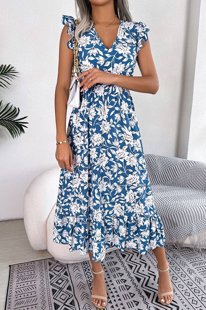 V Neck Flutter Sleeves Maxi Floral Dress