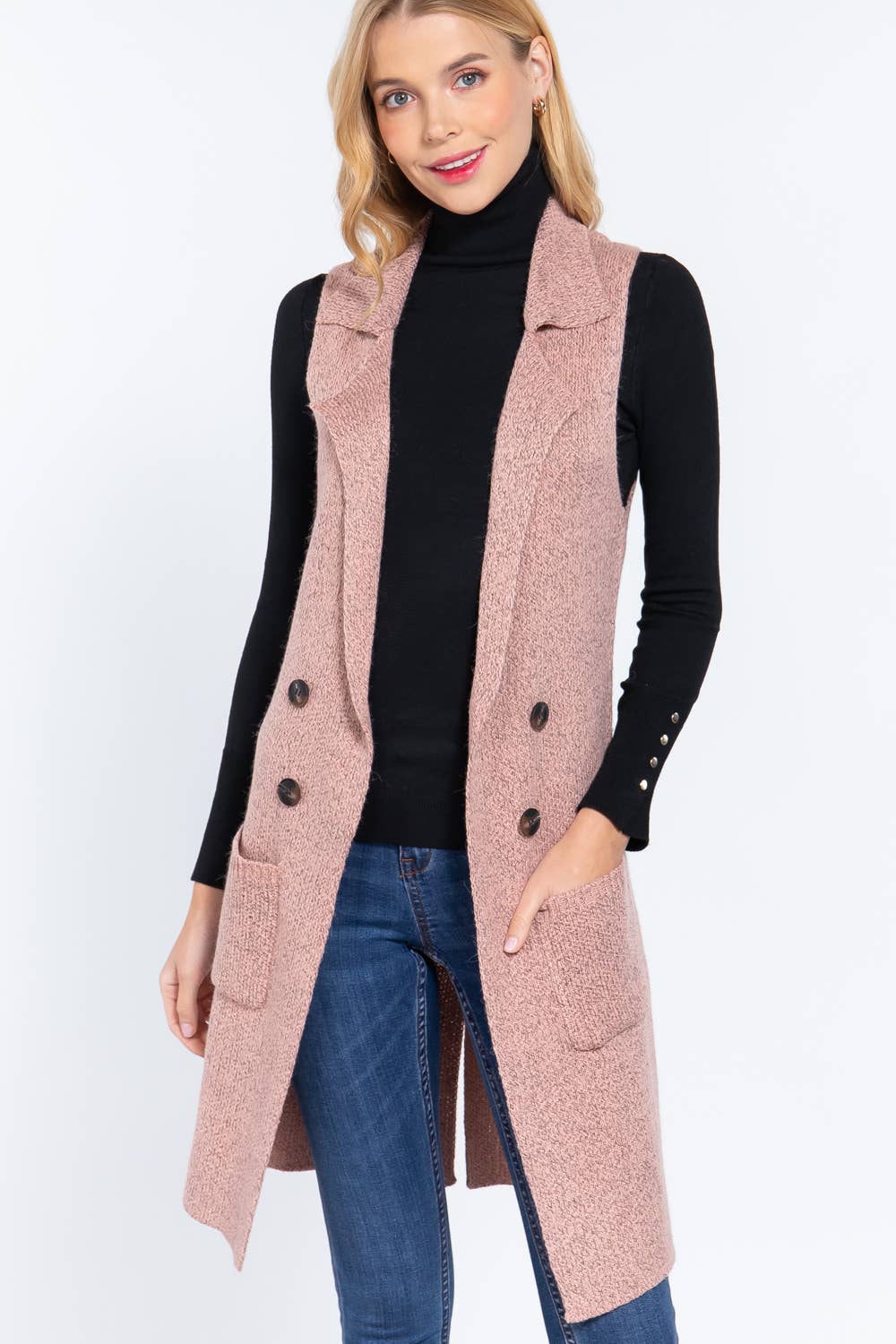 Sleeveless Notched Collar Long Sweater Vest