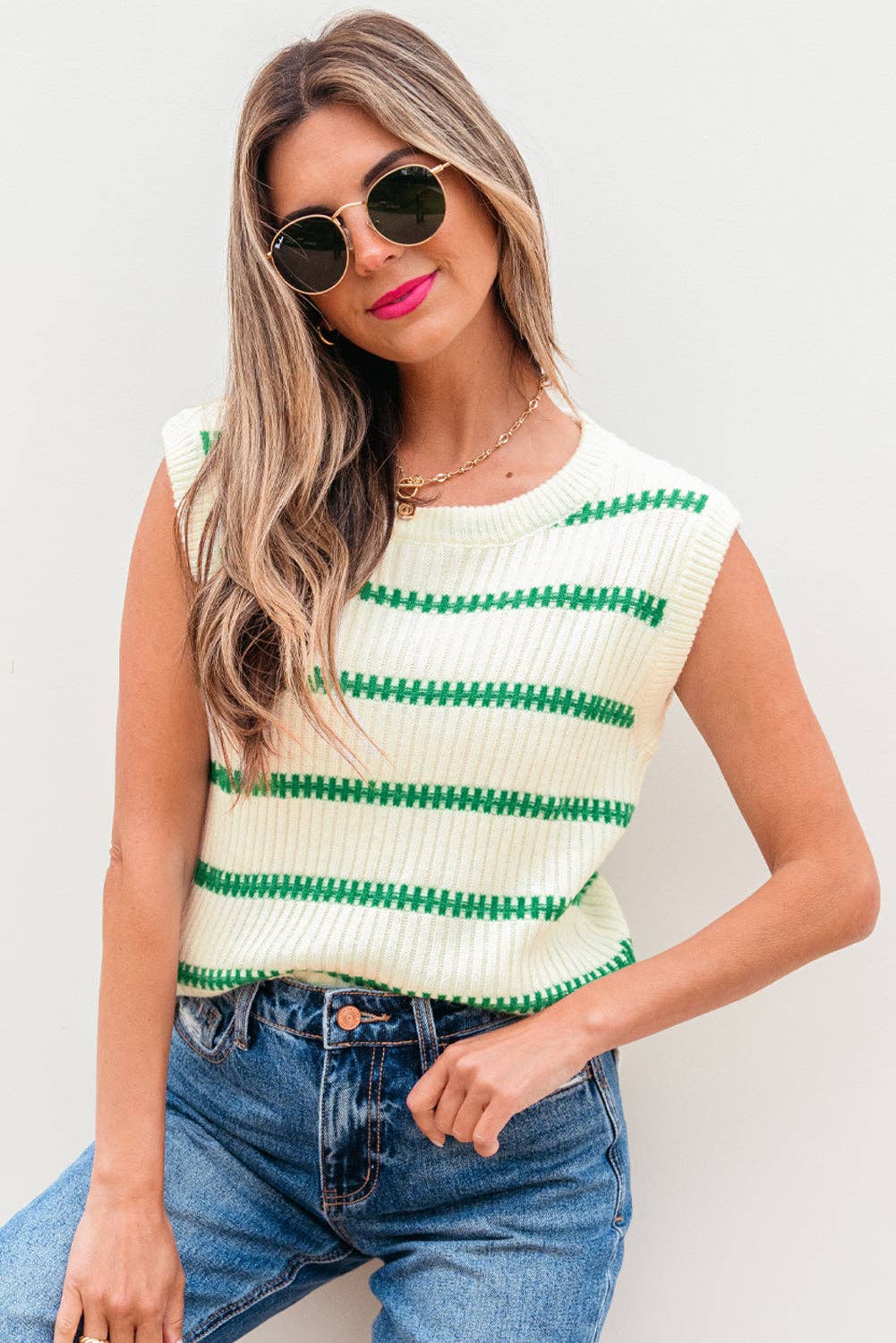 Ivey Striped Round Neck Casual Sweater Vest