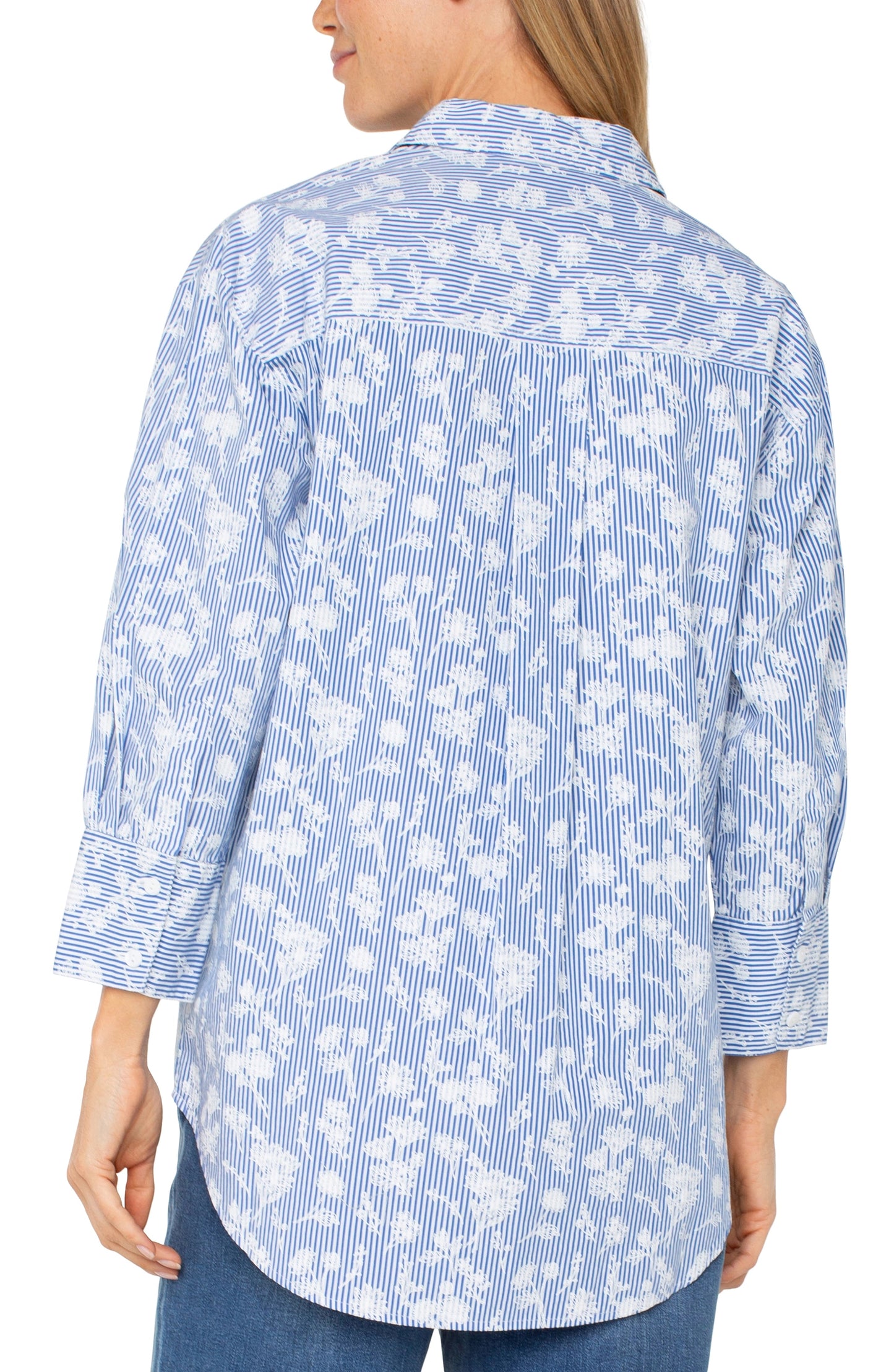Liverpool Bracelet Sleeve Oversized Button-Down Shirt (Blue White Floral Stripe)