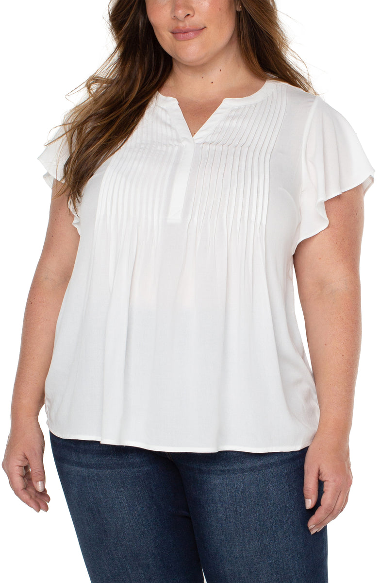 Liverpool Flutter Sleeve Popover Blouse with Pin Tuck (solid)