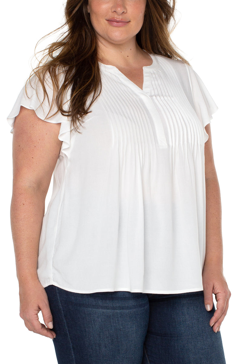 Liverpool Flutter Sleeve Popover Blouse with Pin Tuck (solid)