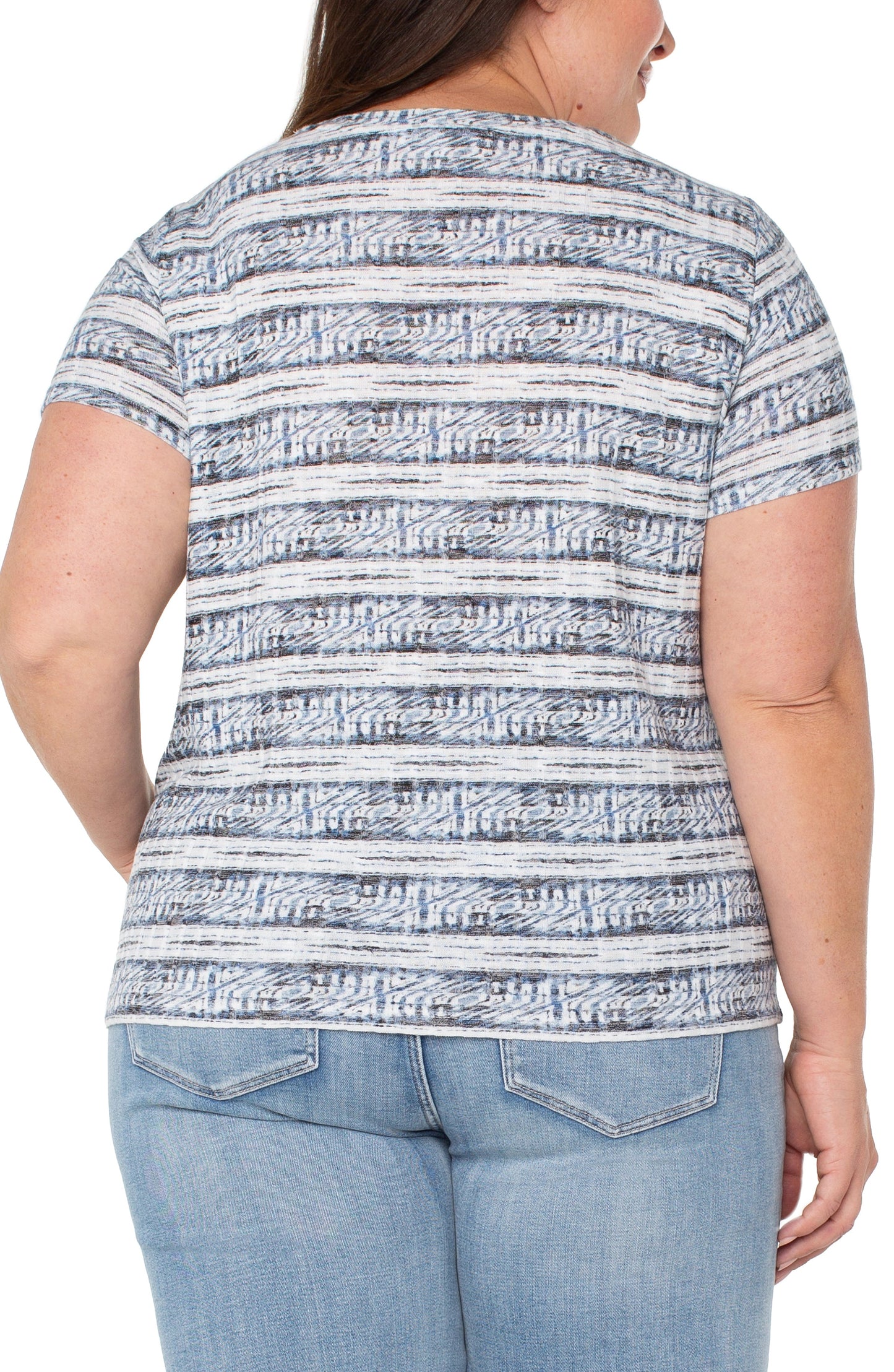 Liverpool Short Sleeve Scoop Neck Knit Top w/ Miter Front Plus Size Back
