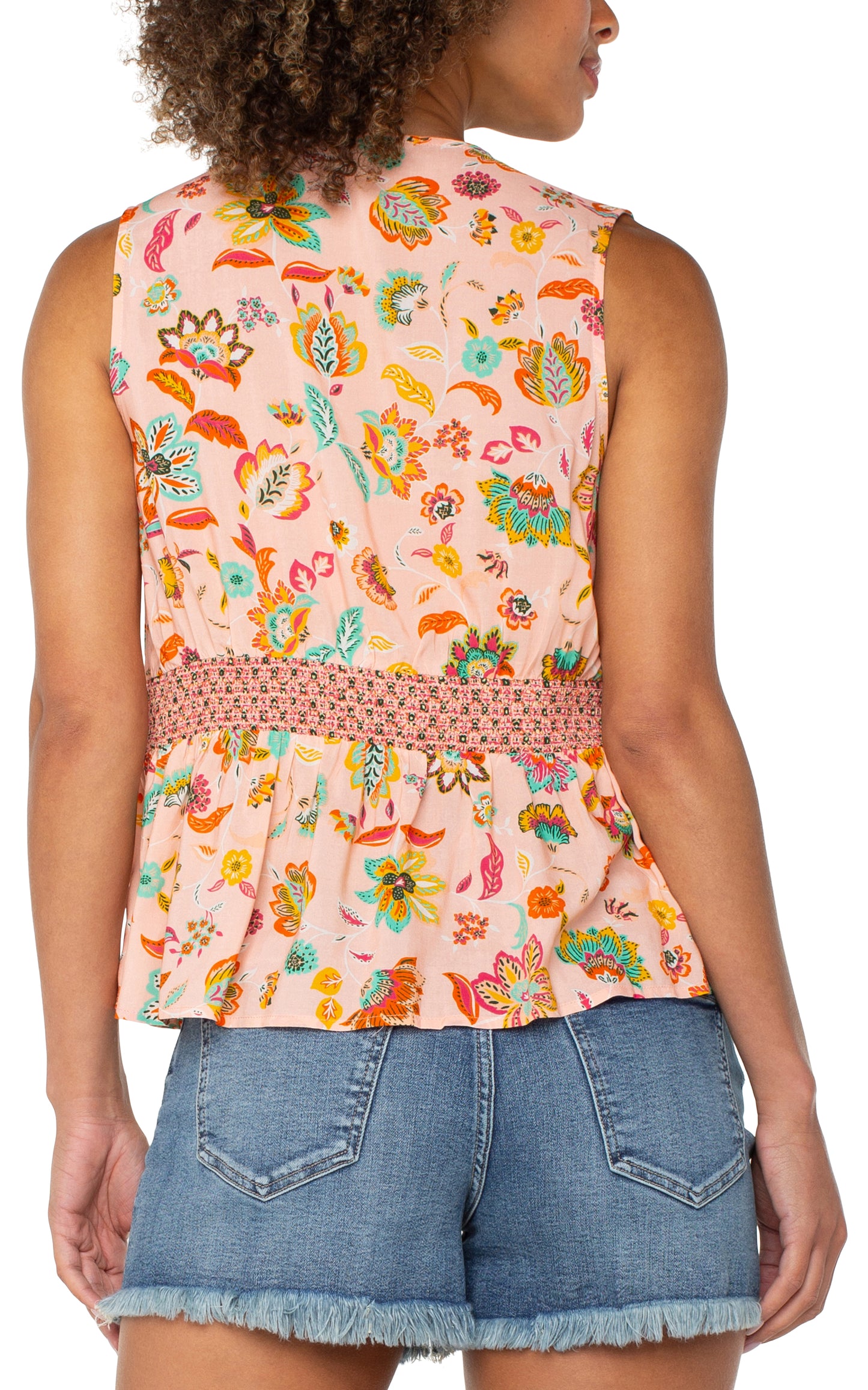 Liverpool Sleeveless Woven Top w Smocked Waist Back Looking Over Right Shoulder