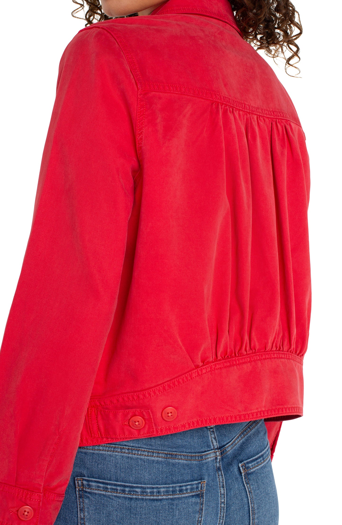 Liverpool Trucker Jacket with Shirred Back Back Left Shoulder Close Up