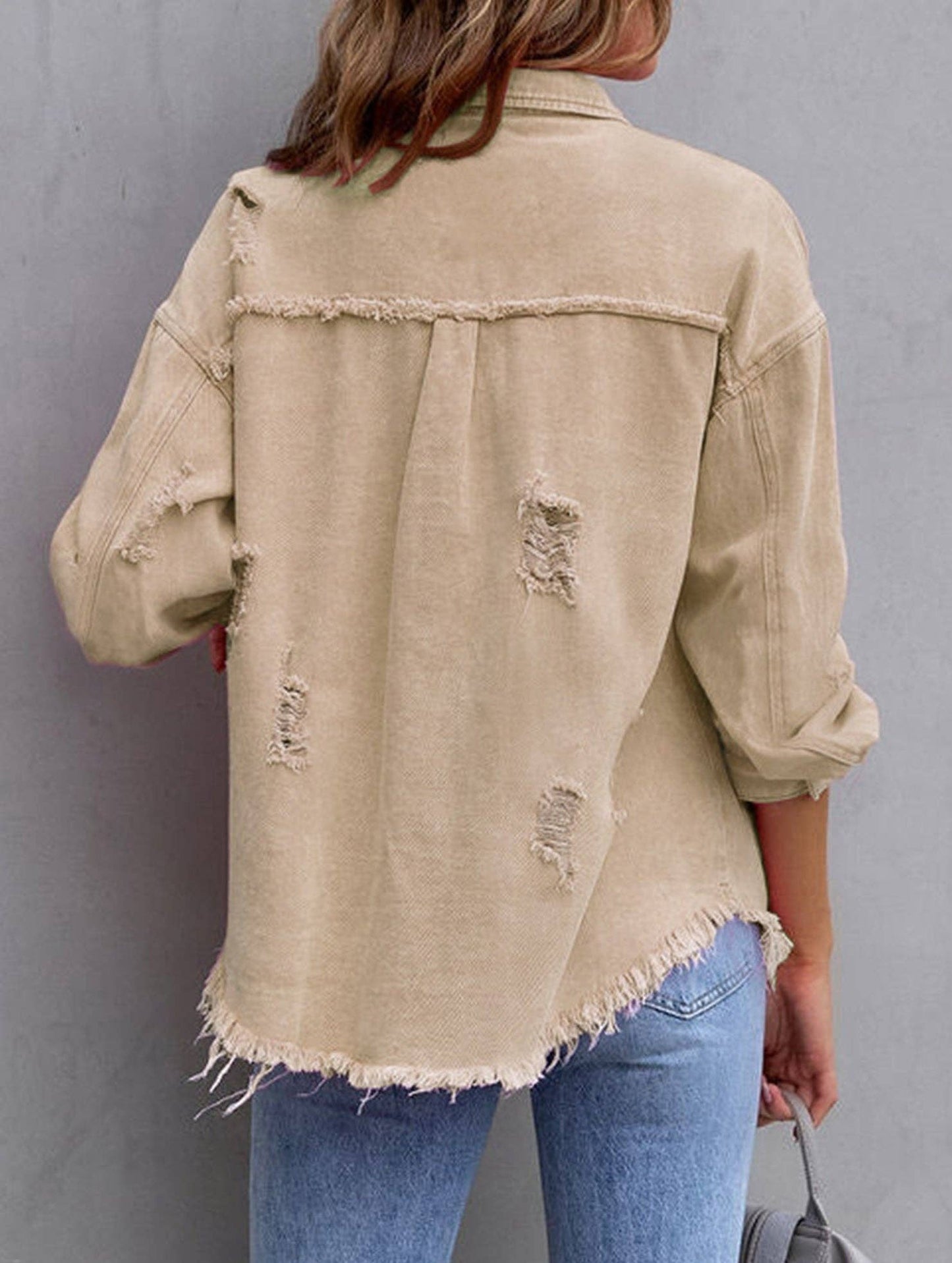 Denim Coat with Lapel and Ripped Raw Edge