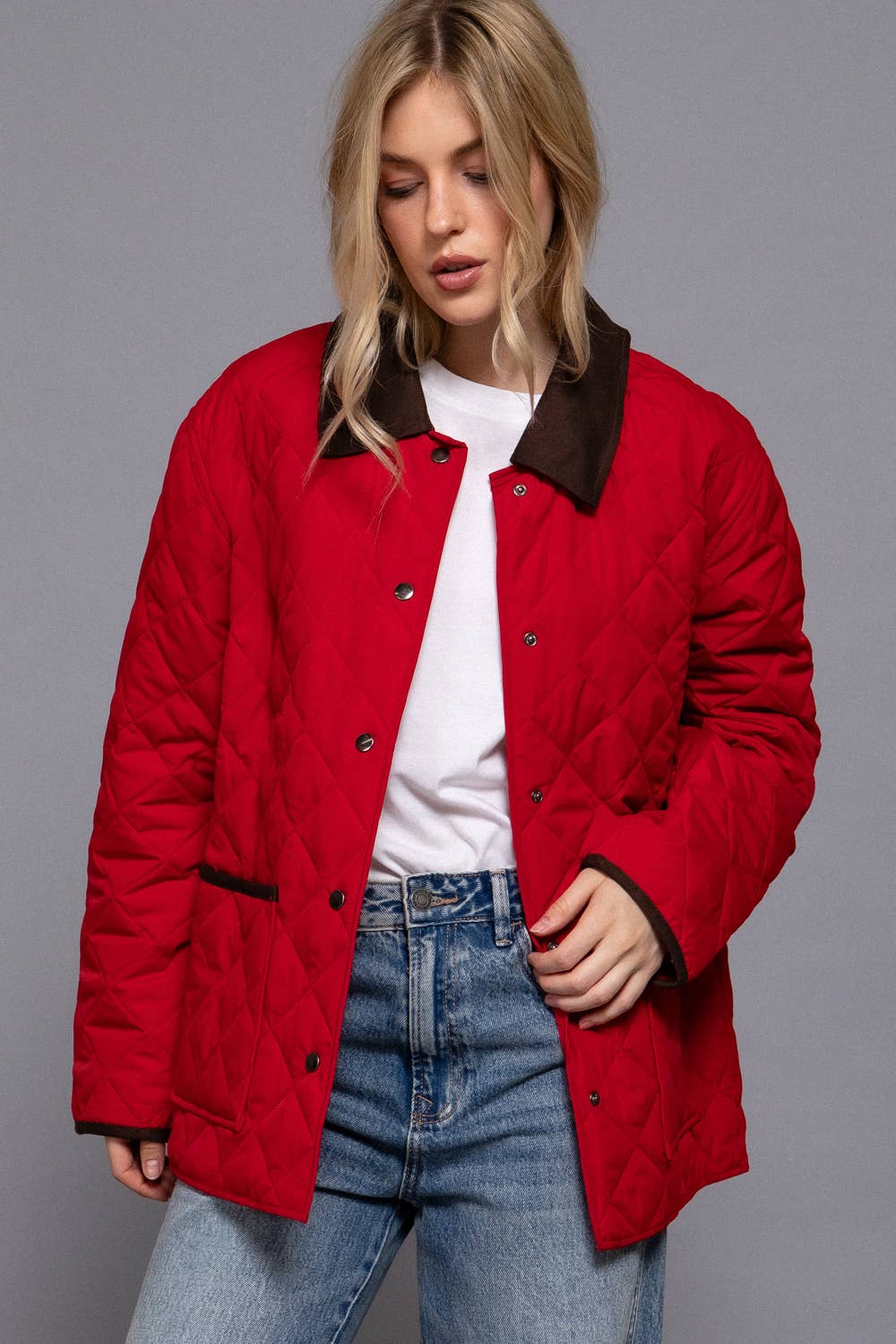Long Sleeve Contrast Lapel Collar Quilted Puffer Work Jacket (pink)