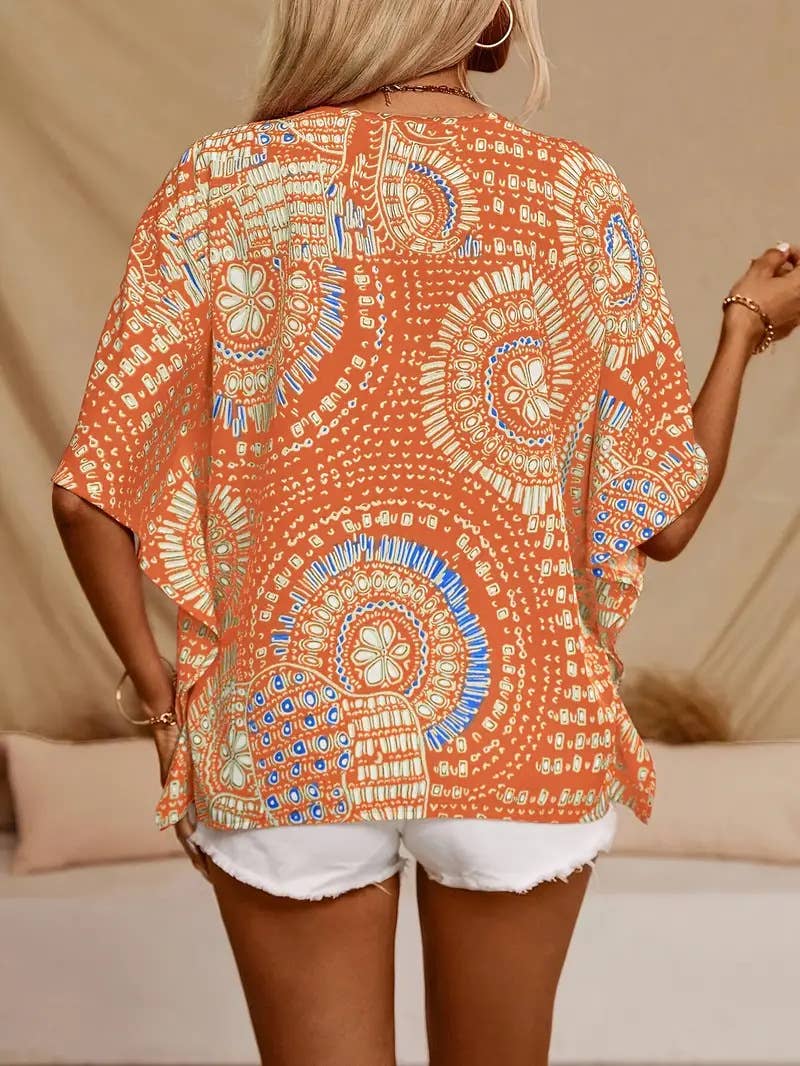 V-neck printed resort-style bat sleeved top