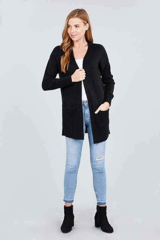 Long Sleeve Open Front with Pocket Sweater Cardigan (black & classic blue)