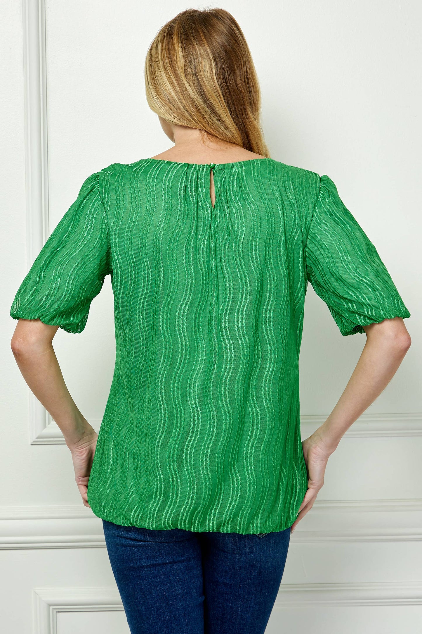 Wave Cord Mesh Bubble Sleeve Pleats Top