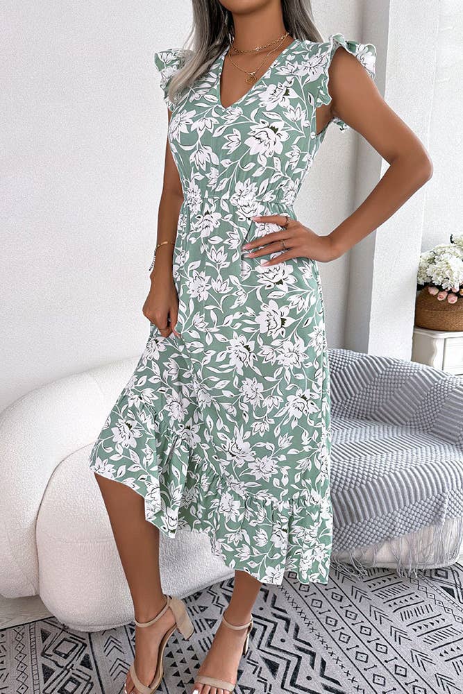 V Neck Flutter Sleeves Maxi Floral Dress
