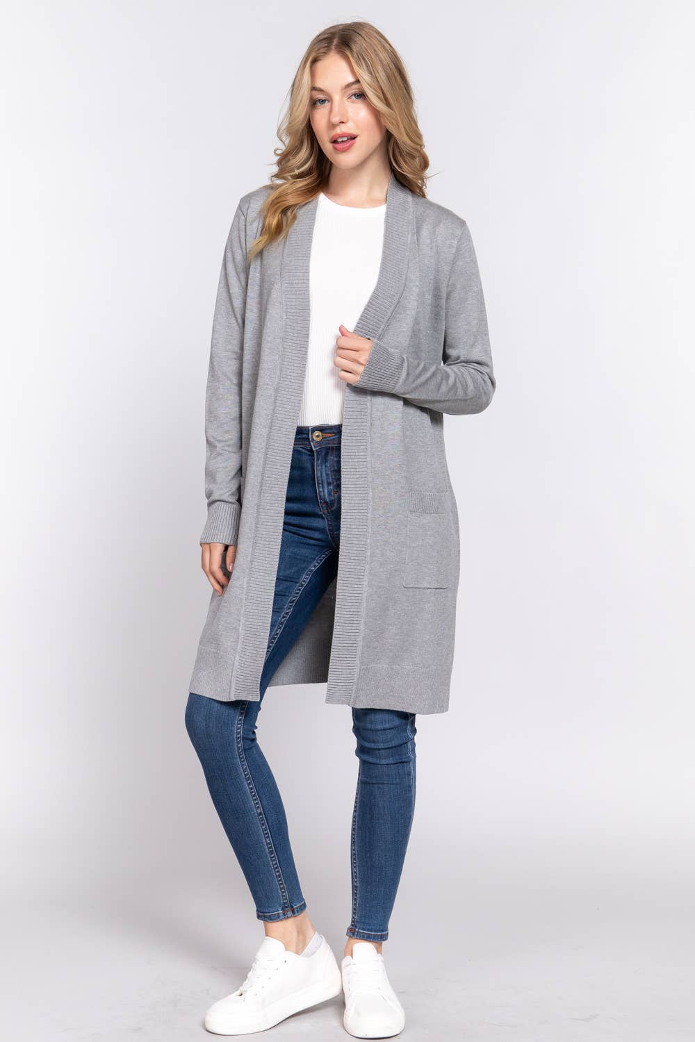 Long Sleeve Rib Banded Open Tunic Sweater Cardigan (charcoal grey)