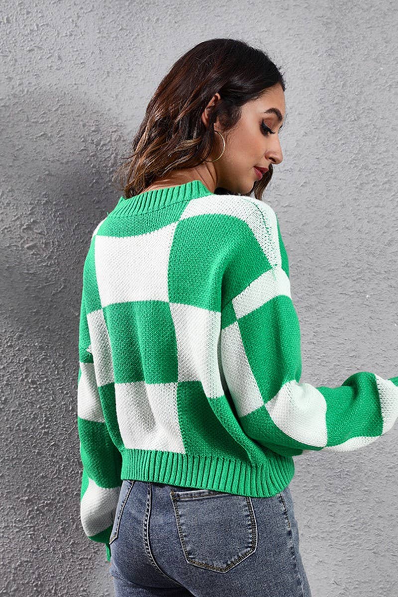Checkered Crew Neck Long Sleeve Pullover Sweater