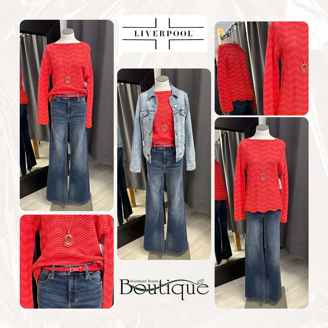 Liverpool Long Sleeve Boat Neck Scallop Hem Sweater (Pink/Red Stripe)