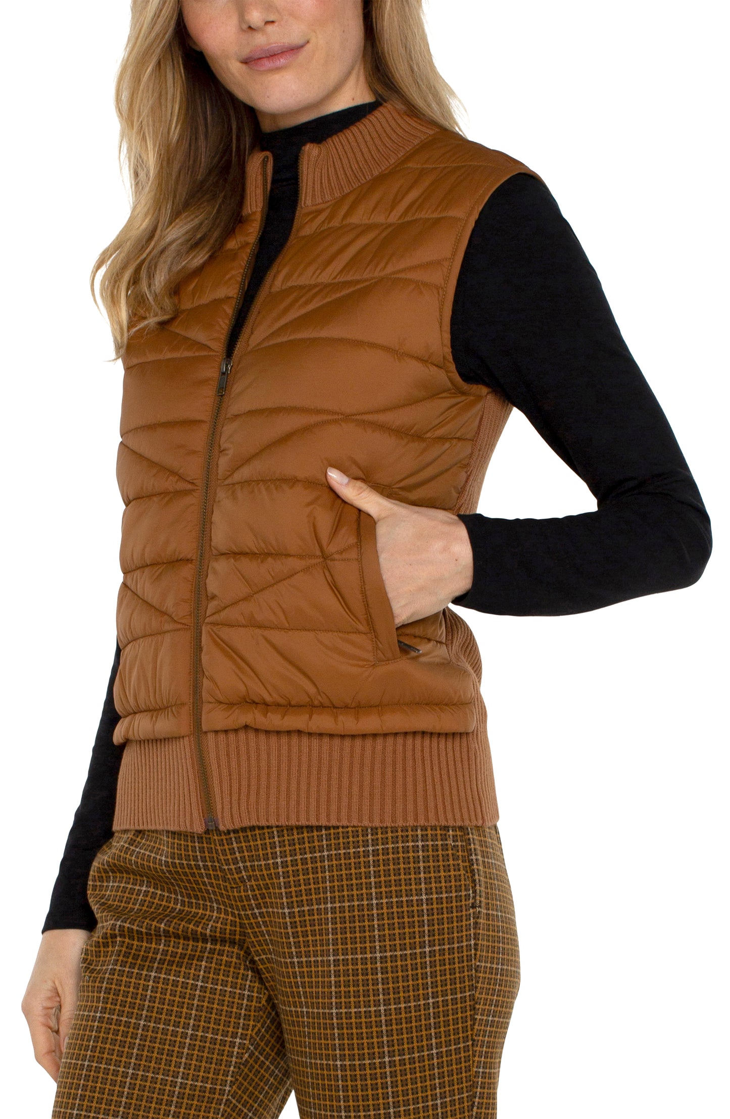 Liverpool Sleeveless Quilted Front Full Zip Sweater Vest (Tumeric)