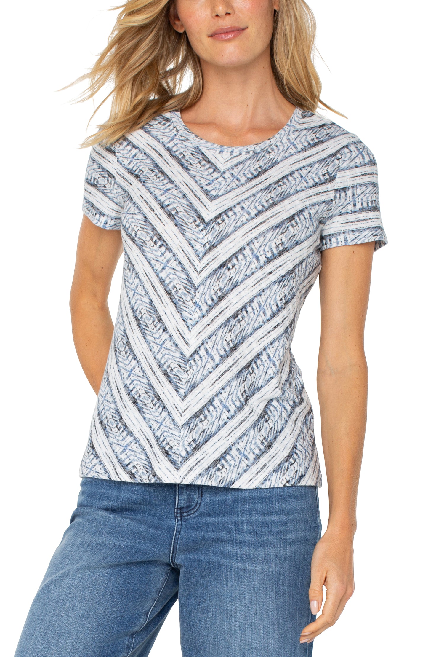 Liverpool Short Sleeve Scoop Neck Knit Top w/ Miter Front (Indigo Ikat Stripe)