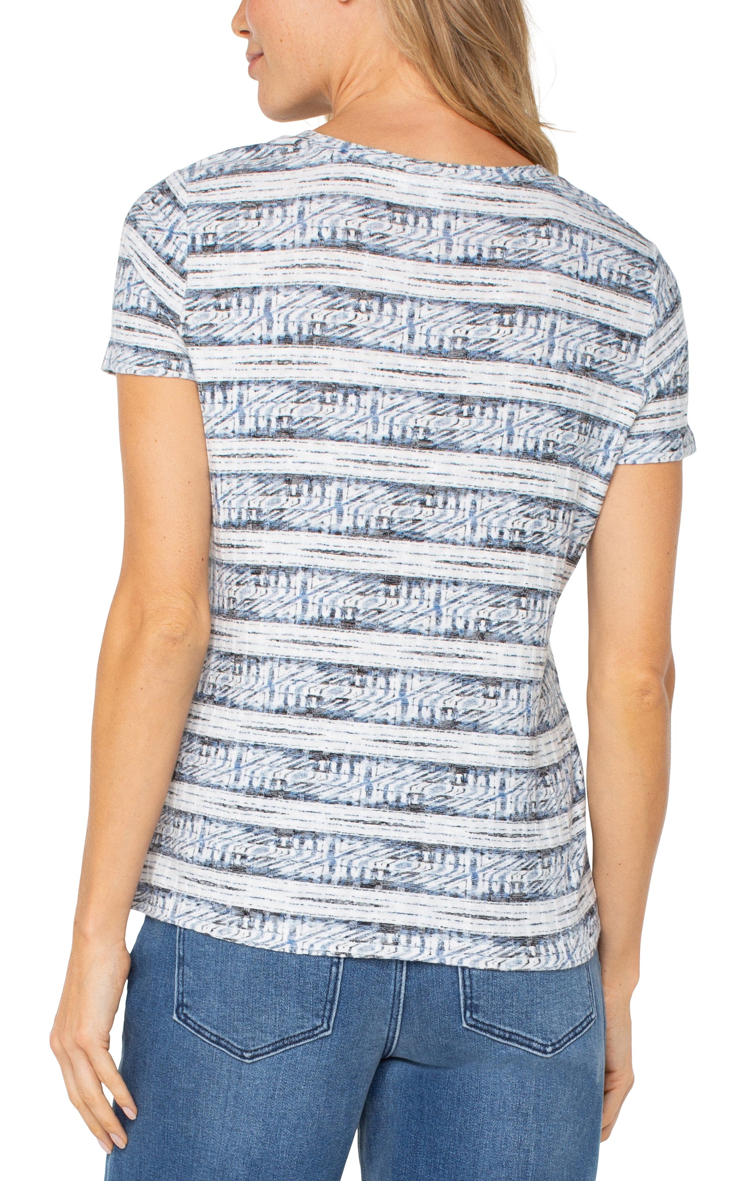 Liverpool Short Sleeve Scoop Neck Knit Top w/ Miter Front (Indigo Ikat Stripe)
