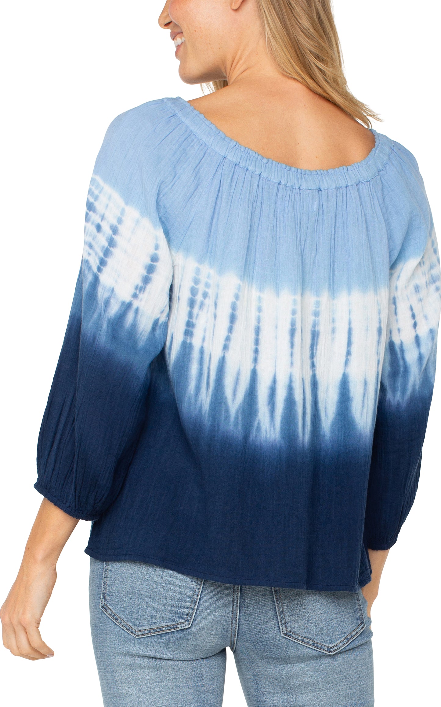 Liverpool 3/4 Sleeve Boat Neck Woven Top (Blue White Tie-dye)
