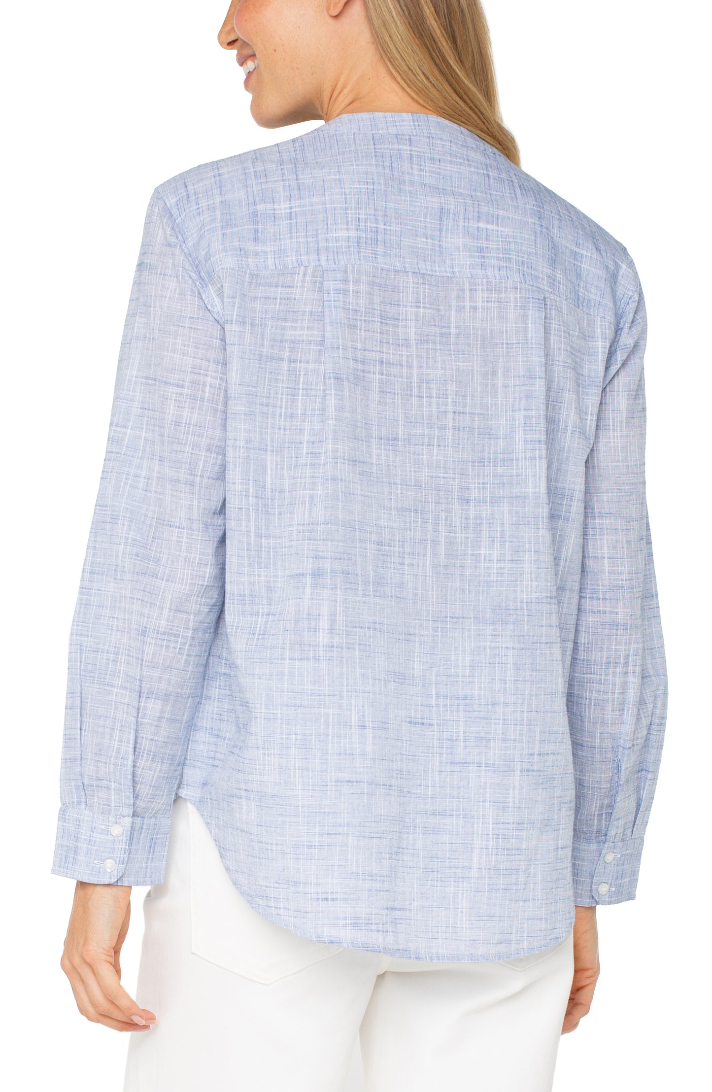 Liverpool Long Sleeve Button Front Woven Shirt w/ Banded Collar Back