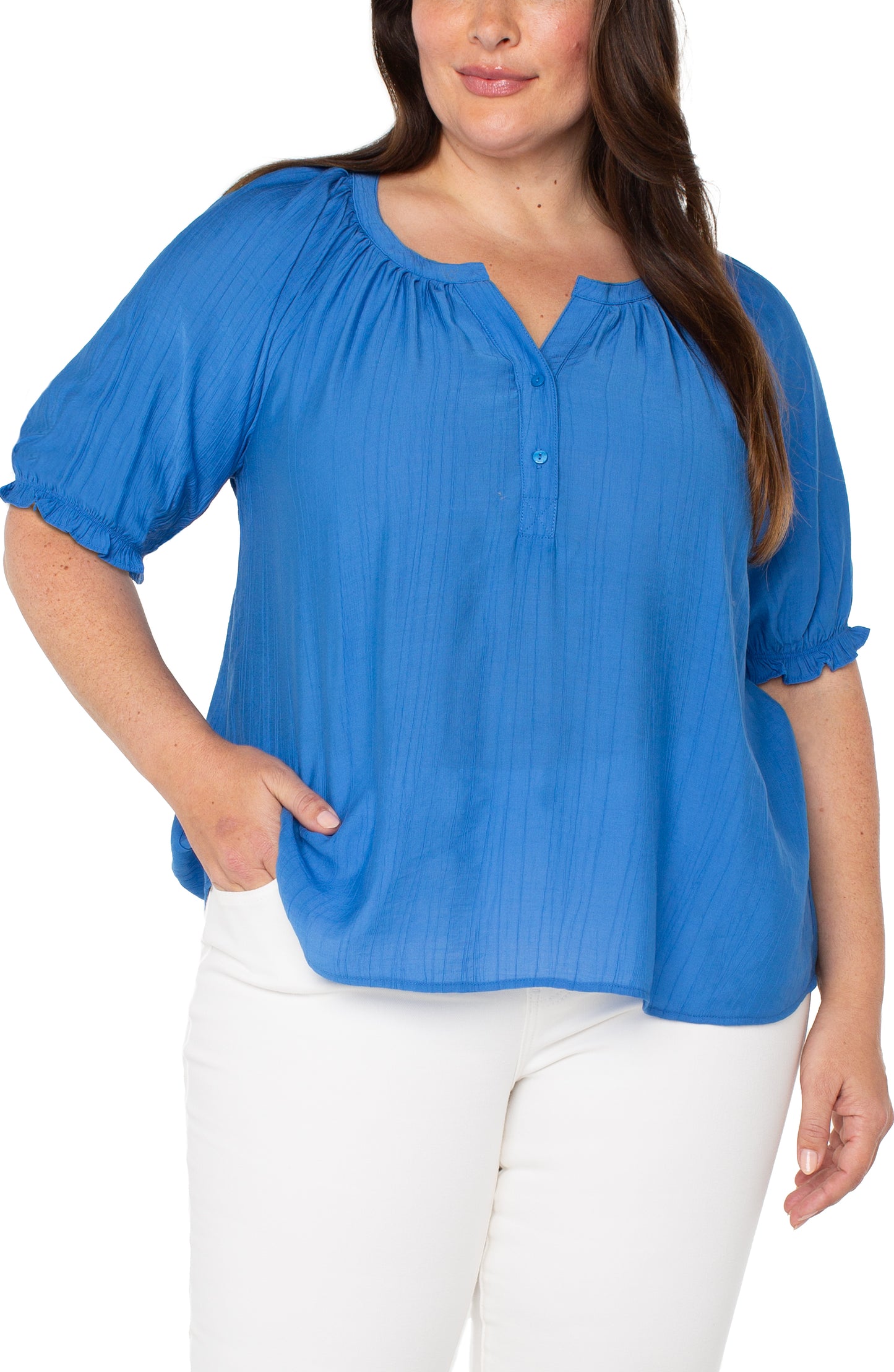 Liverpool Short Sleeve Half Placket Woven Blouse (Plus)(Cobalt)
