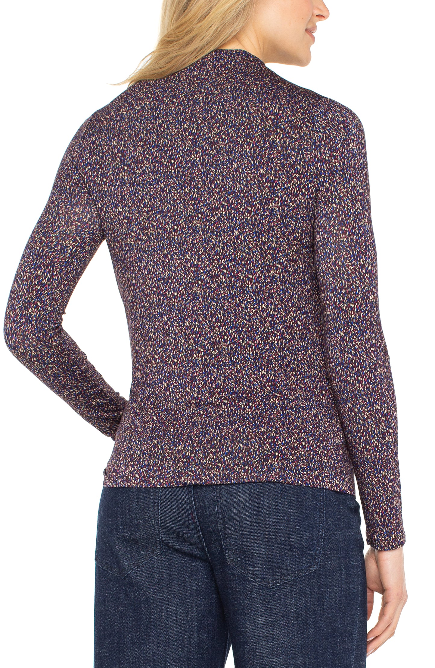 Liverpool Long Sleeve Mock Neck Knit Top with Shirring (Wine Berry Multi)