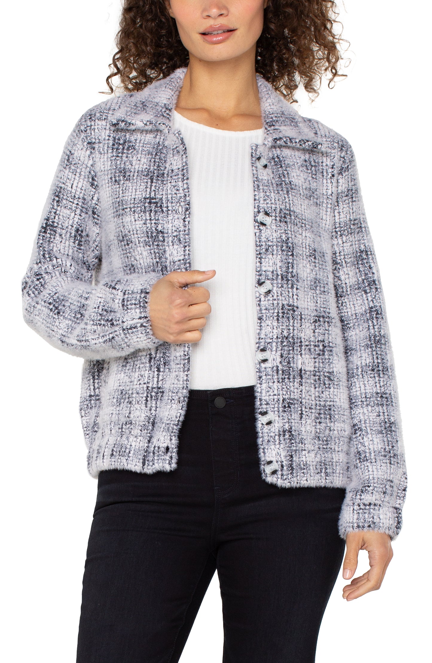 Liverpool Long Sleeve Collared Bomber Sweater Jacket (Grey White Plaid)