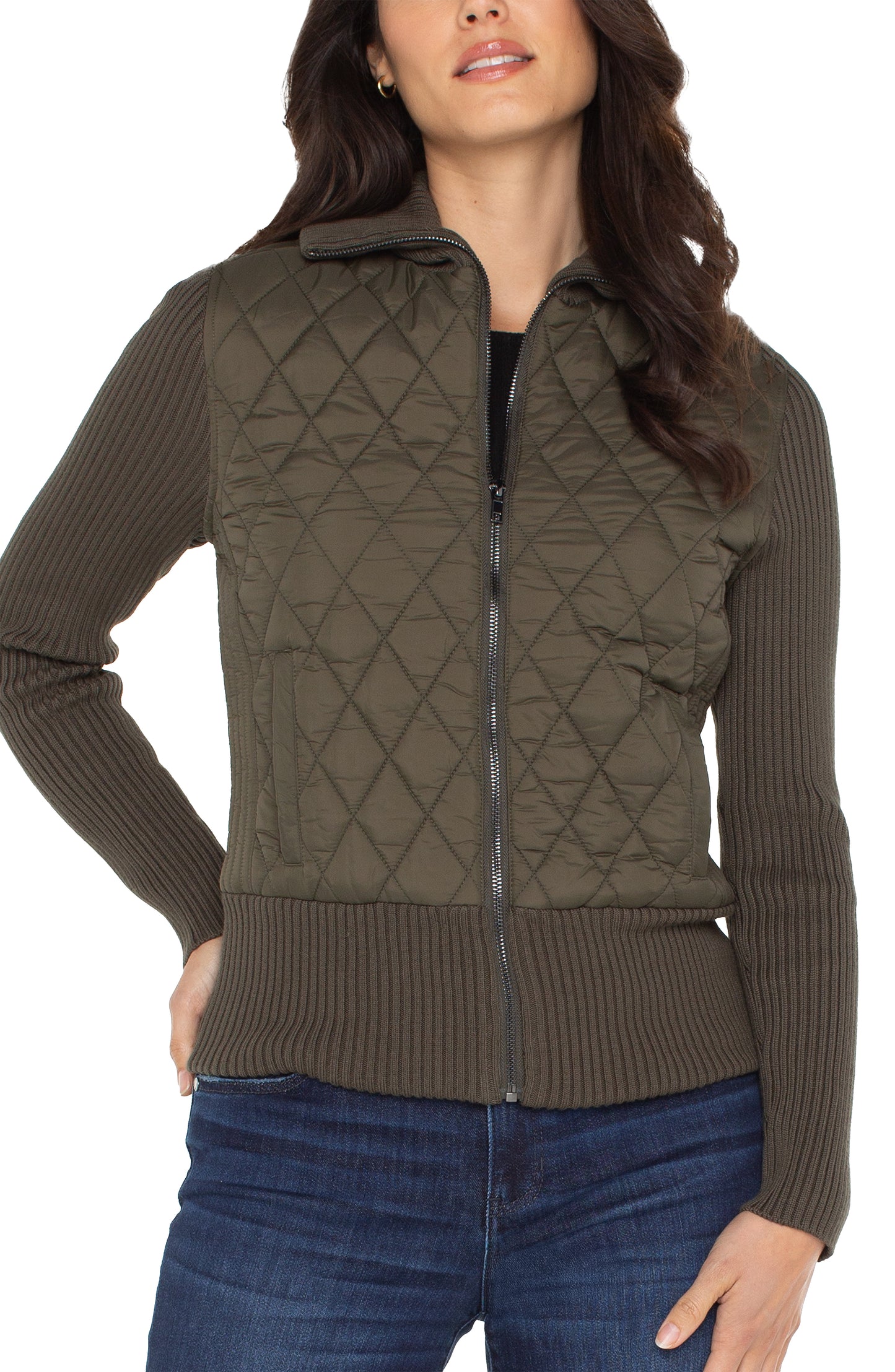 Liverpool Long Sleeve Zip Front Sweater/Woven Jacket (Forest Night)