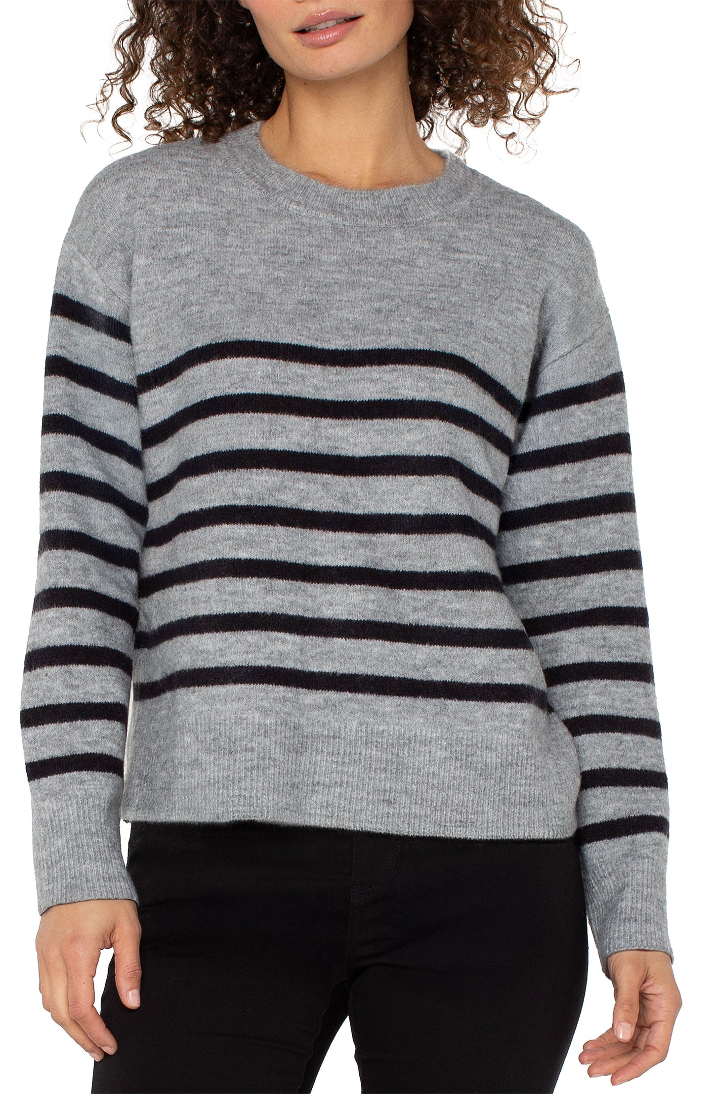Liverpool Long Sleeve Crew Neck Dropped Shoulder Sweater (Light Grey Charcoal Stripe)