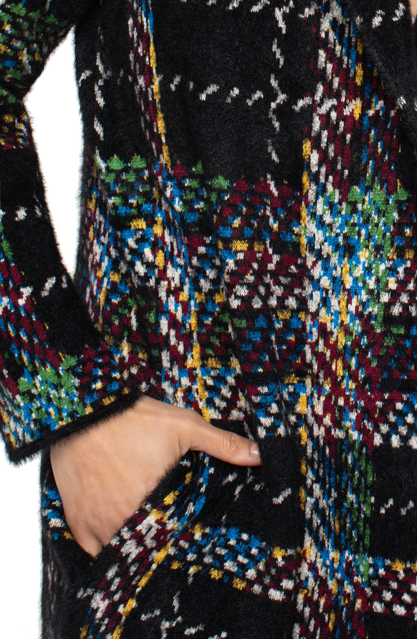 Liverpool Long Sleeve Collarless Open Front Sweater Coat (Black Multi Plaid)