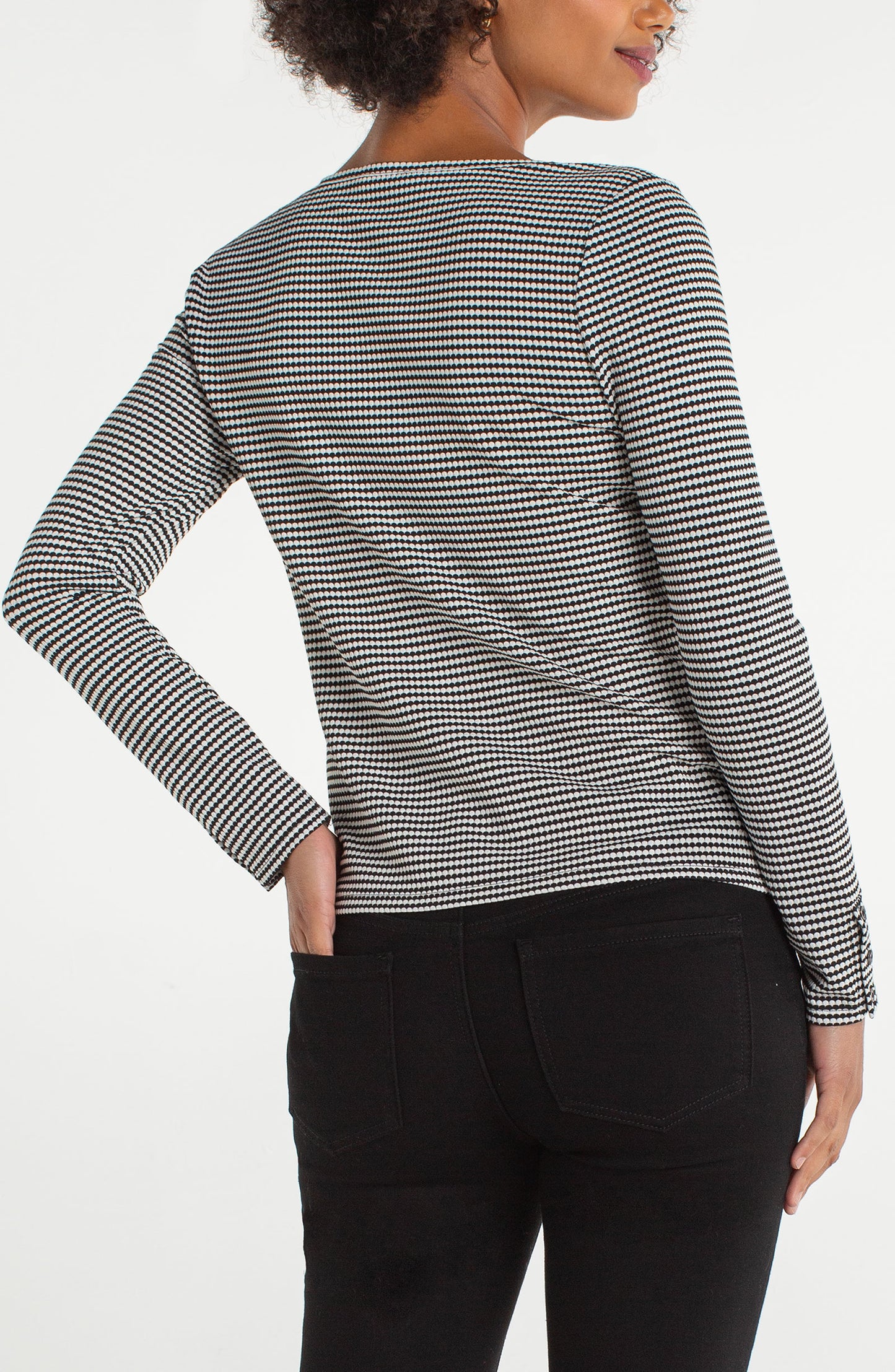 Liverpool 3/4 Button Sleeve Henly Knit Top (Black and White Stripes)