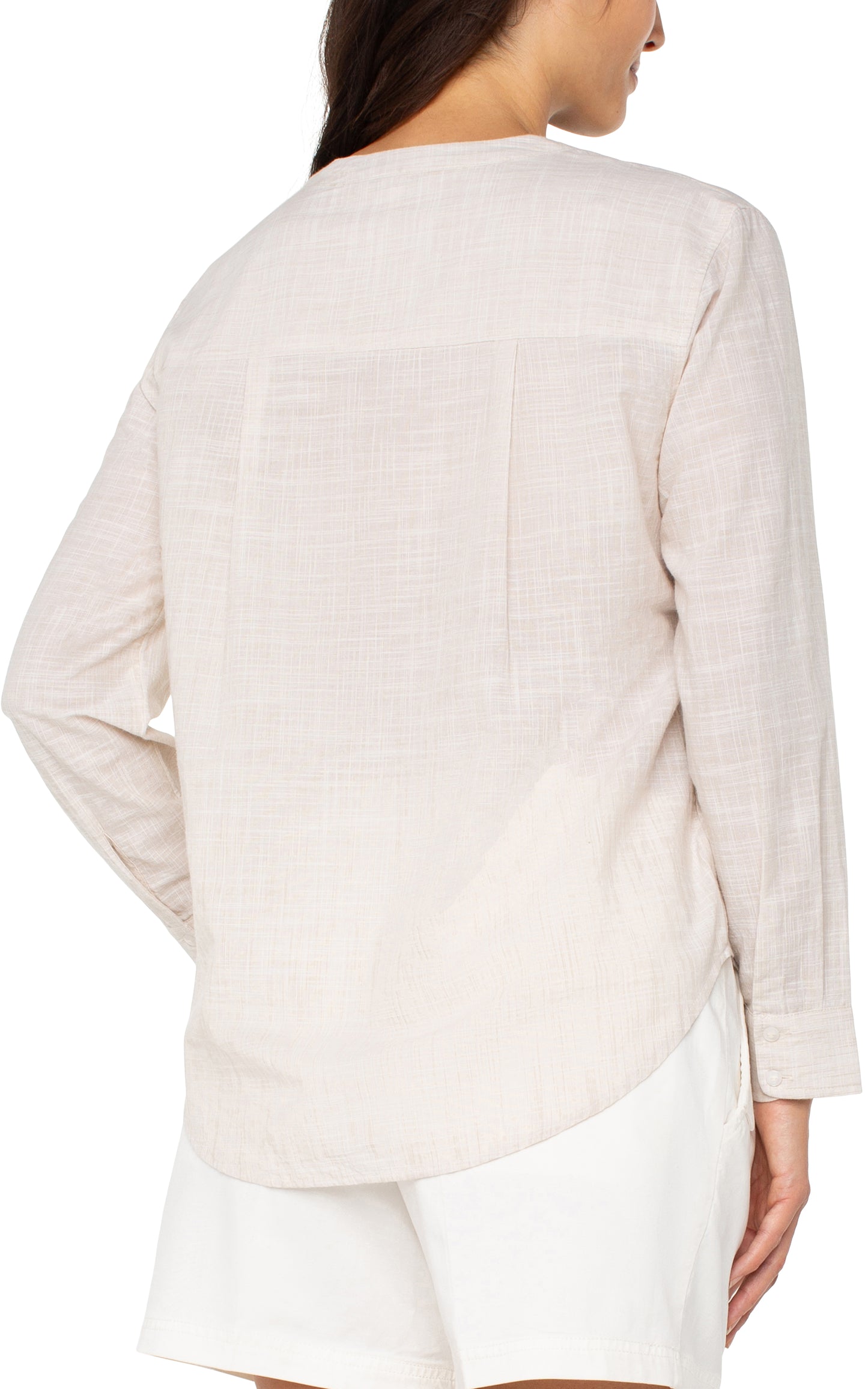 Liverpool Long Sleeve Button Front Woven Shirt w/ Banded Collar (Tan White)