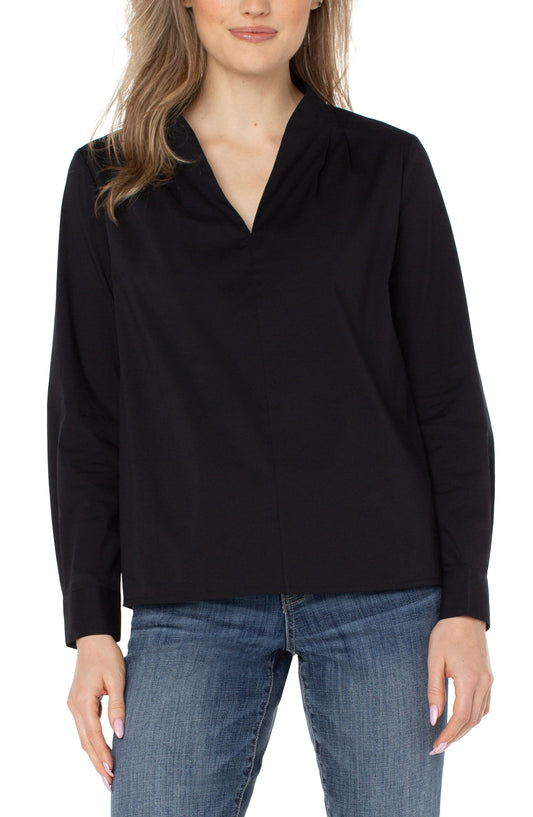 Liverpool V-Neck Long Sleeve Woven Top with Pleat Details