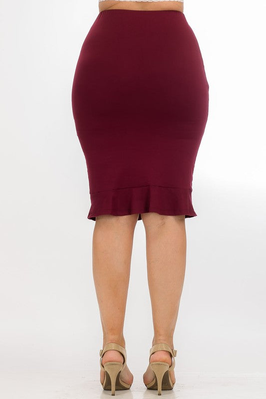 Pencil skirt ruffle hem Burgundy